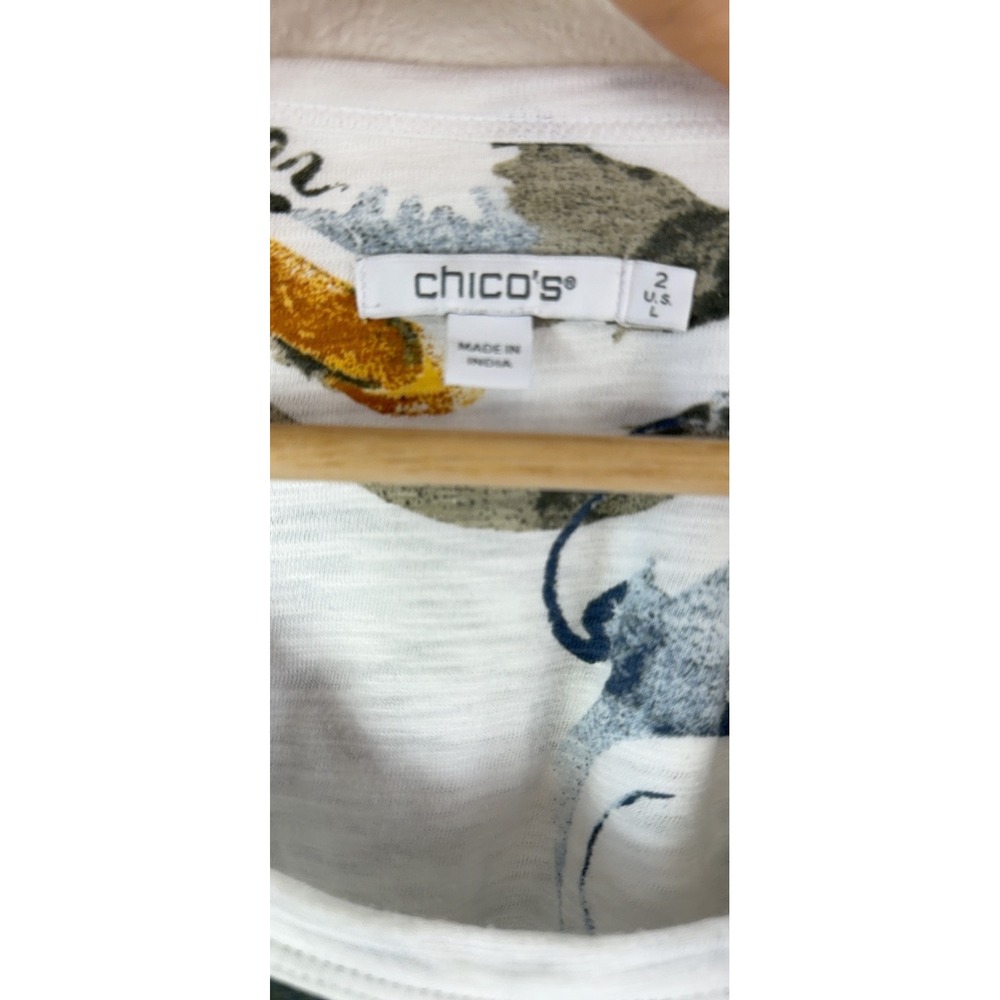 Chicos Women Large White Floral Paisley Slub Knit Scoop Neck Smocked Cuff Top - Picture 3 of 10